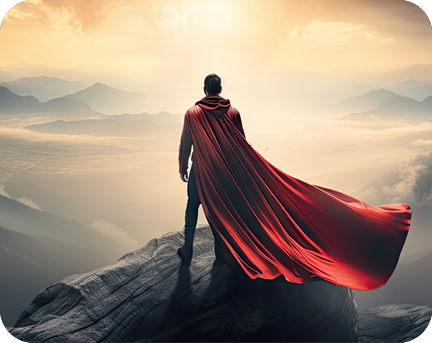 Ein Held steht mit einem roten Umhang auf einem Berg.